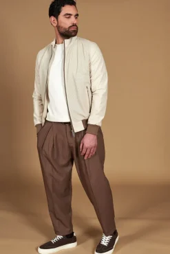 Uomo D'Arienzo 106 - Giubbotto bomber in pelle traforata color crema con profili a contrasto fango
