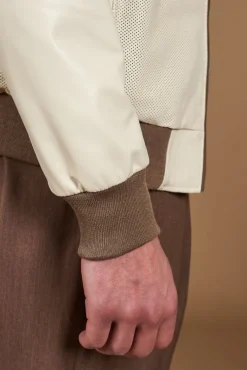 Uomo D'Arienzo 106 - Giubbotto bomber in pelle traforata color crema con profili a contrasto fango