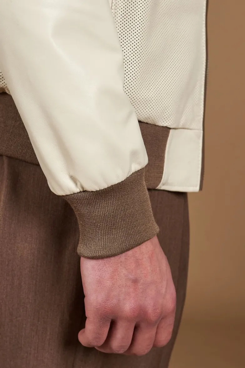 Uomo D'Arienzo 106 - Giubbotto bomber in pelle traforata color crema con profili a contrasto fango
