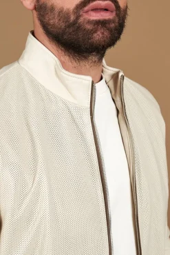 Uomo D'Arienzo 106 - Giubbotto bomber in pelle traforata color crema con profili a contrasto fango