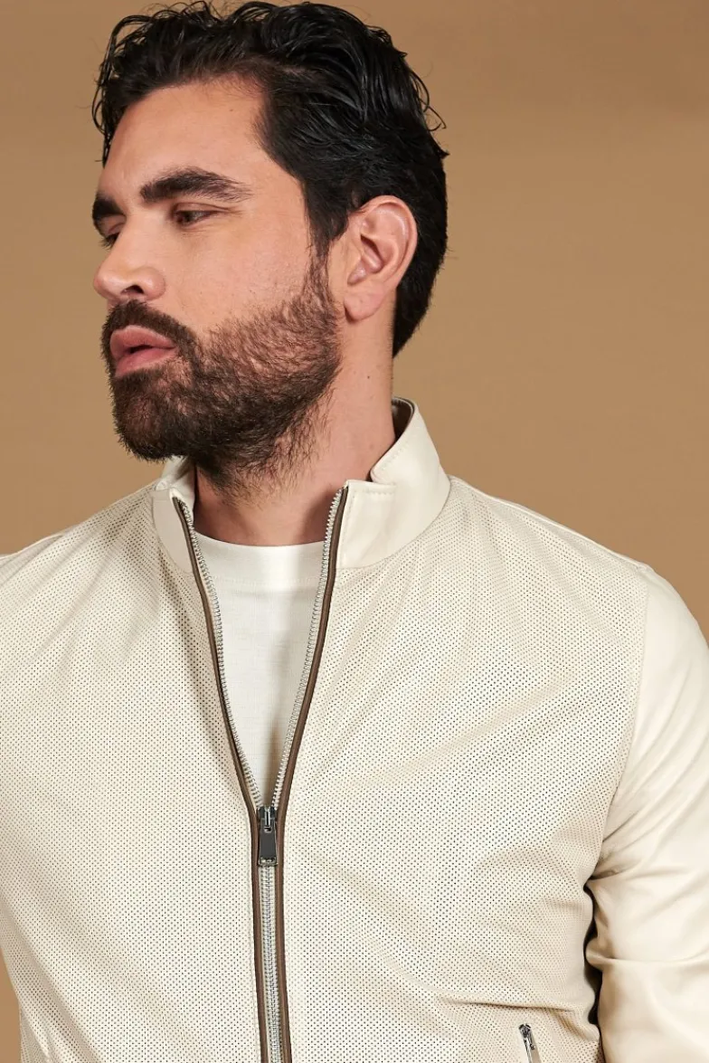 Uomo D'Arienzo 106 - Giubbotto bomber in pelle traforata color crema con profili a contrasto fango