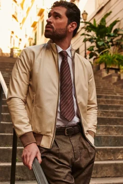 Uomo D'Arienzo 106 - Giubbotto bomber in pelle traforata color crema con profili a contrasto fango