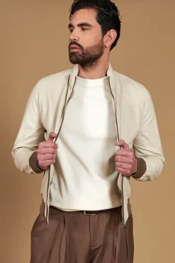 Uomo D'Arienzo 106 - Giubbotto bomber in pelle traforata color crema con profili a contrasto fango