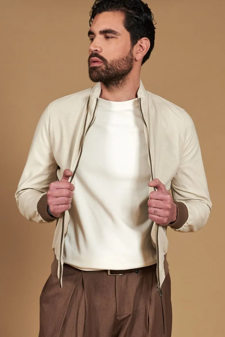 Uomo D'Arienzo 106 - Giubbotto bomber in pelle traforata color crema con profili a contrasto fango