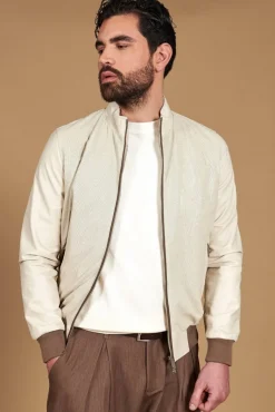 Uomo D'Arienzo 106 - Giubbotto bomber in pelle traforata color crema con profili a contrasto fango