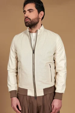 Uomo D'Arienzo 106 - Giubbotto bomber in pelle traforata color crema con profili a contrasto fango