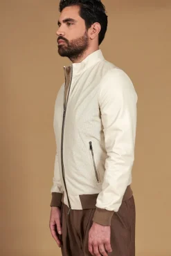 Uomo D'Arienzo 106 - Giubbotto bomber in pelle traforata color crema con profili a contrasto fango