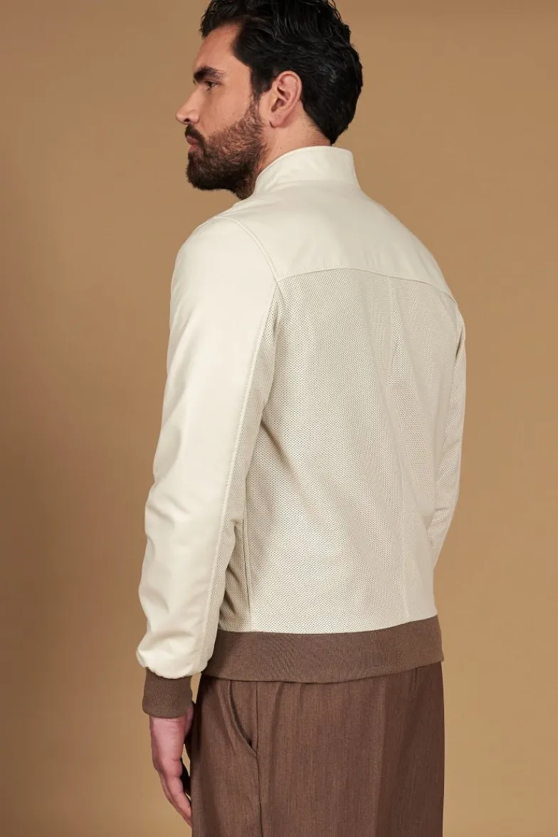 Uomo D'Arienzo 106 - Giubbotto bomber in pelle traforata color crema con profili a contrasto fango