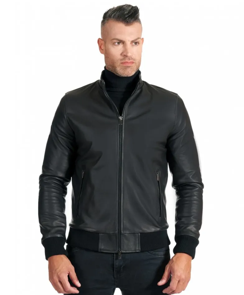 Uomo D'Arienzo 106 - Giubbotto Bomber in pelle nera nappa effetto liscio