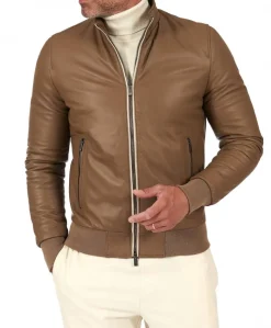 Uomo D'Arienzo 106 - Giubbotto bomber in pelle color fango con profili a contrasto
