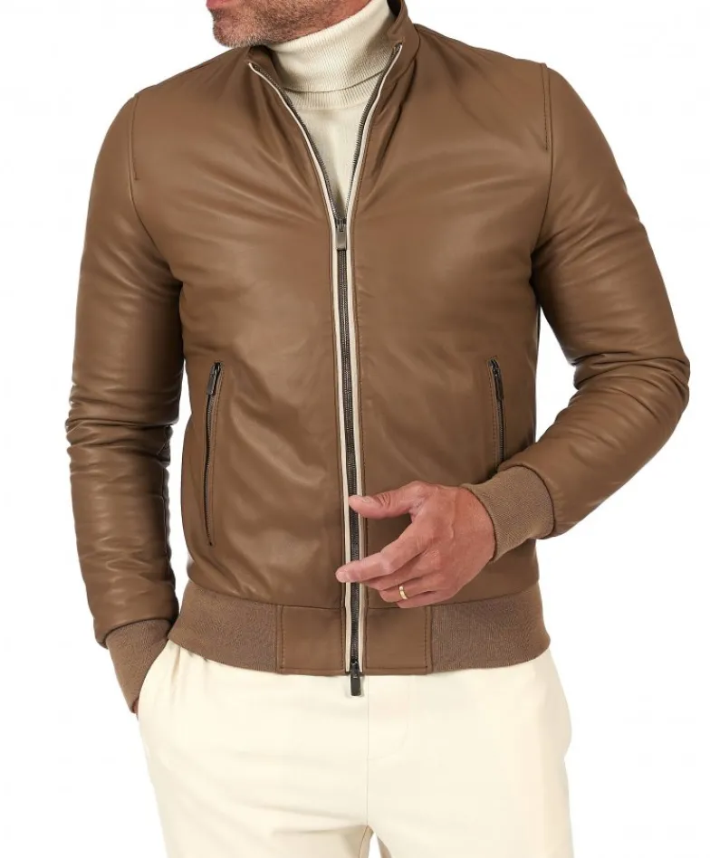 Uomo D'Arienzo 106 - Giubbotto bomber in pelle color fango con profili a contrasto