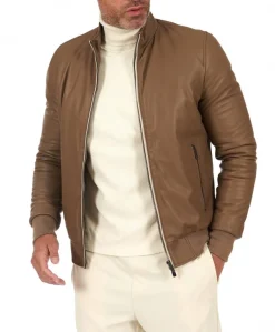 Uomo D'Arienzo 106 - Giubbotto bomber in pelle color fango con profili a contrasto