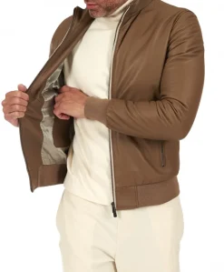 Uomo D'Arienzo 106 - Giubbotto bomber in pelle color fango con profili a contrasto