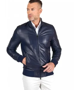 Uomo D'Arienzo 106 - Giubbotto Bomber in pelle blu nappa effetto liscio