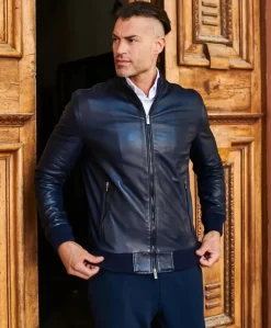 Uomo D'Arienzo 106 - Giubbotto Bomber in pelle blu nappa effetto liscio