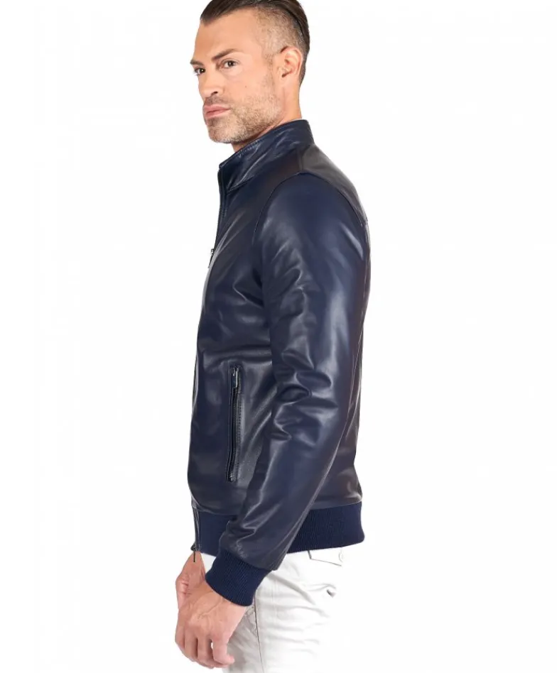 Uomo D'Arienzo 106 - Giubbotto Bomber in pelle blu nappa effetto liscio
