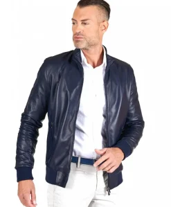 Uomo D'Arienzo 106 - Giubbotto Bomber in pelle blu nappa effetto liscio
