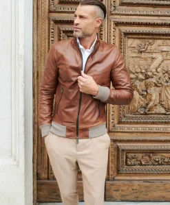 Uomo D'Arienzo 106 - Giubbotto Bomber in pelle color cuoio effetto vintage