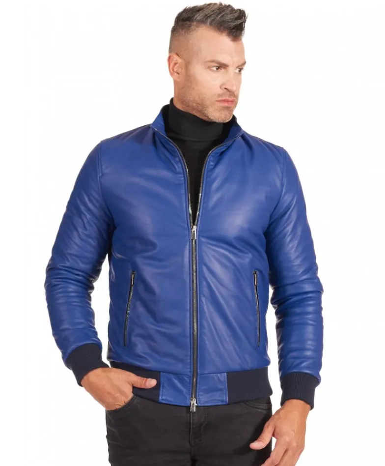 Uomo D'Arienzo 106 - Giubbotto Bomber in pelle bluette naturale effetto liscio