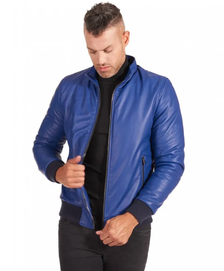 Uomo D'Arienzo 106 - Giubbotto Bomber in pelle bluette naturale effetto liscio