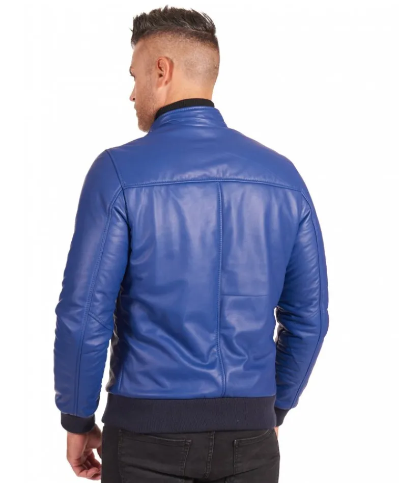 Uomo D'Arienzo 106 - Giubbotto Bomber in pelle bluette naturale effetto liscio