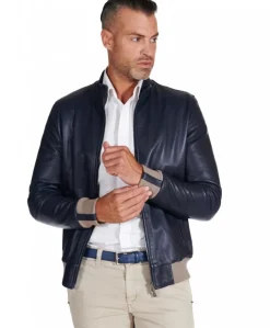 Uomo D'Arienzo 106 - Giubbotto bomber in pelle naturale blu lana a contrasto beige