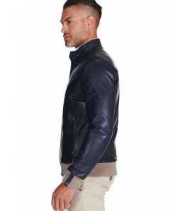 Uomo D'Arienzo 106 - Giubbotto bomber in pelle naturale blu lana a contrasto beige