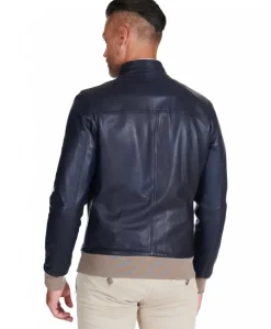 Uomo D'Arienzo 106 - Giubbotto bomber in pelle naturale blu lana a contrasto beige