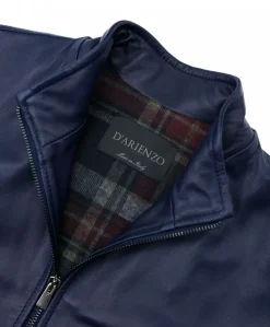 Uomo D'Arienzo 106 - Giubbotto bomber in pelle naturale blu lana a contrasto beige