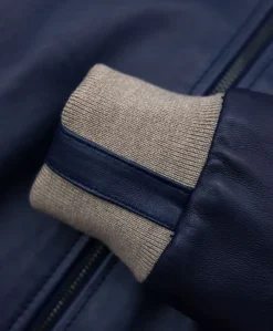 Uomo D'Arienzo 106 - Giubbotto bomber in pelle naturale blu lana a contrasto beige
