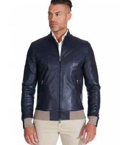 Uomo D'Arienzo 106 - Giubbotto bomber in pelle naturale blu lana a contrasto beige