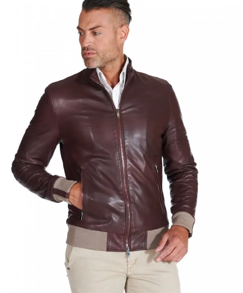 Uomo D'Arienzo 106 - Giubbotto bomber in pelle naturale bordeaux lana a contrasto beige