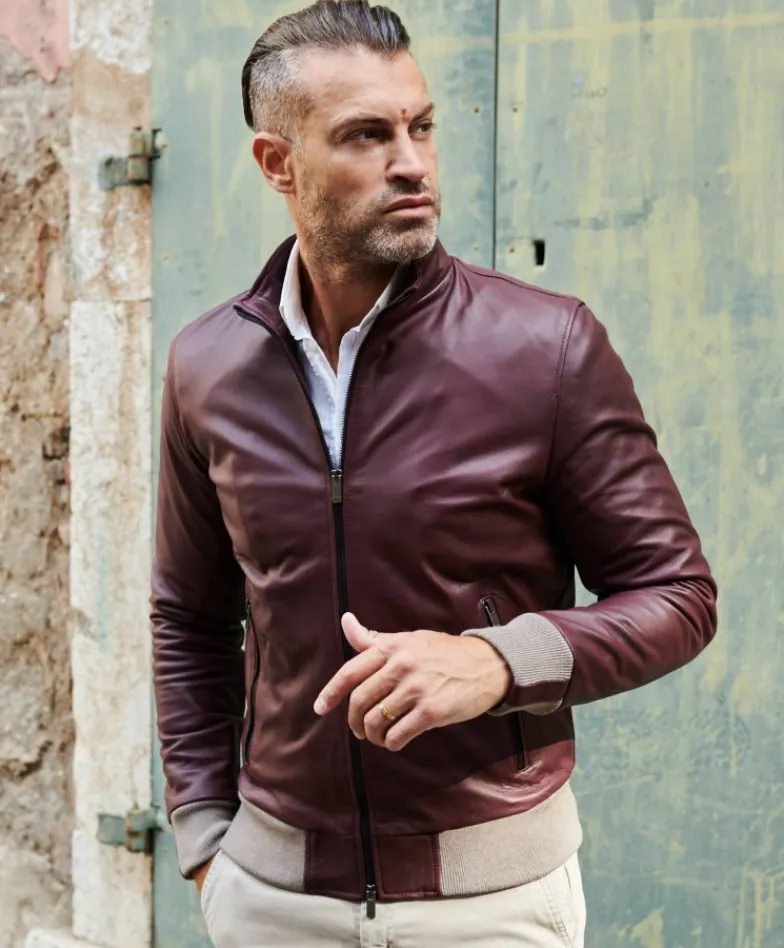Uomo D'Arienzo 106 - Giubbotto bomber in pelle naturale bordeaux lana a contrasto beige