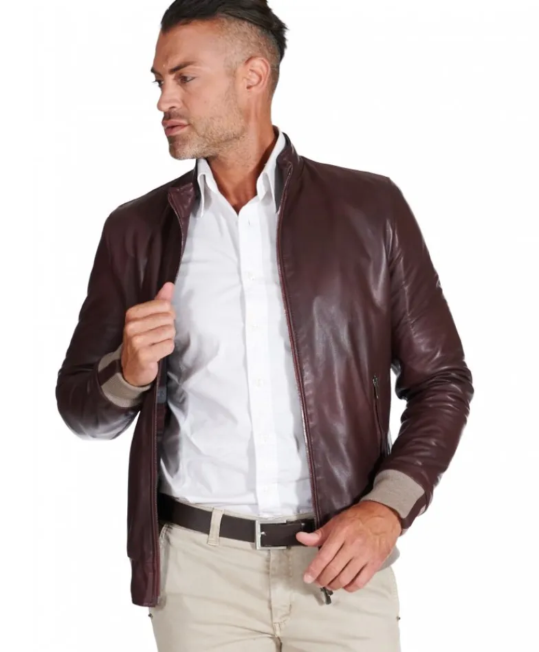 Uomo D'Arienzo 106 - Giubbotto bomber in pelle naturale bordeaux lana a contrasto beige