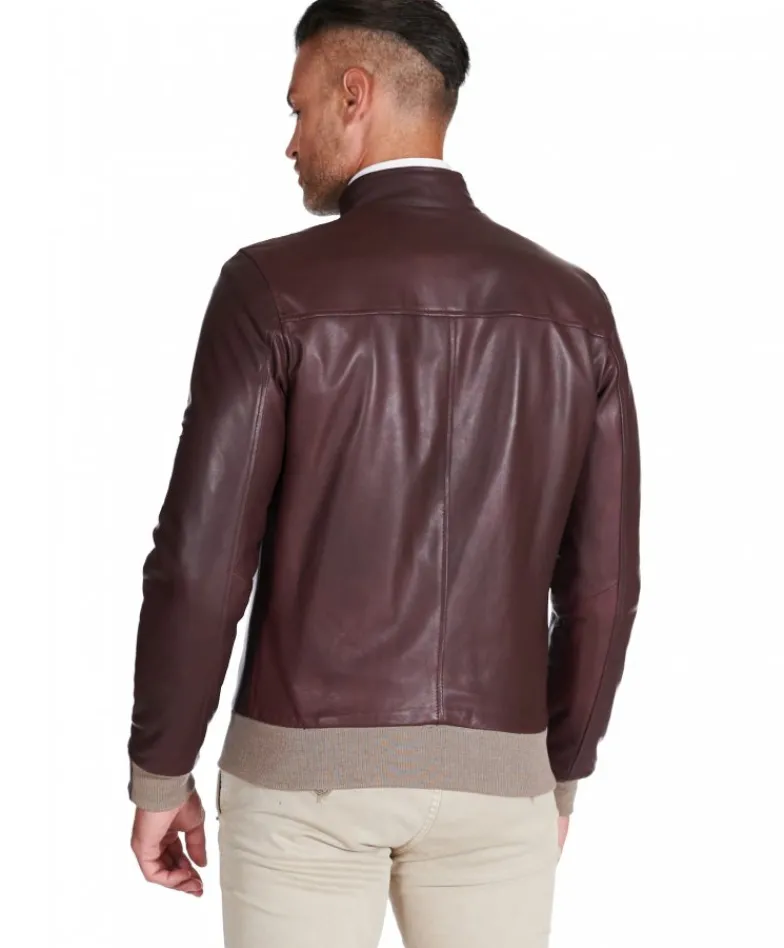 Uomo D'Arienzo 106 - Giubbotto bomber in pelle naturale bordeaux lana a contrasto beige