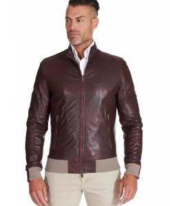 Uomo D'Arienzo 106 - Giubbotto bomber in pelle naturale bordeaux lana a contrasto beige
