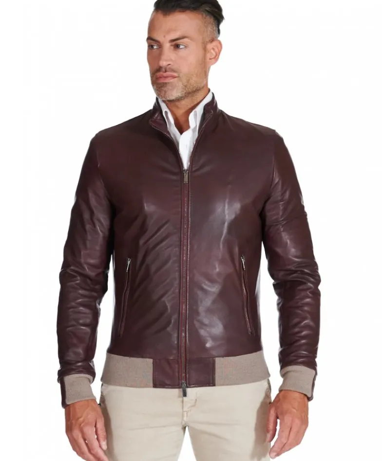 Uomo D'Arienzo 106 - Giubbotto bomber in pelle naturale bordeaux lana a contrasto beige