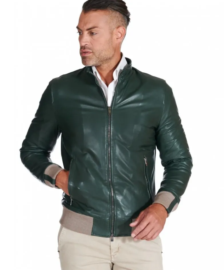 Uomo D'Arienzo 106 - Giubbotto bomber in pelle naturale verde lana a contrasto beige
