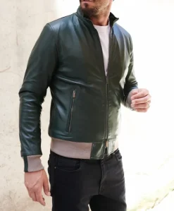 Uomo D'Arienzo 106 - Giubbotto bomber in pelle naturale verde lana a contrasto beige
