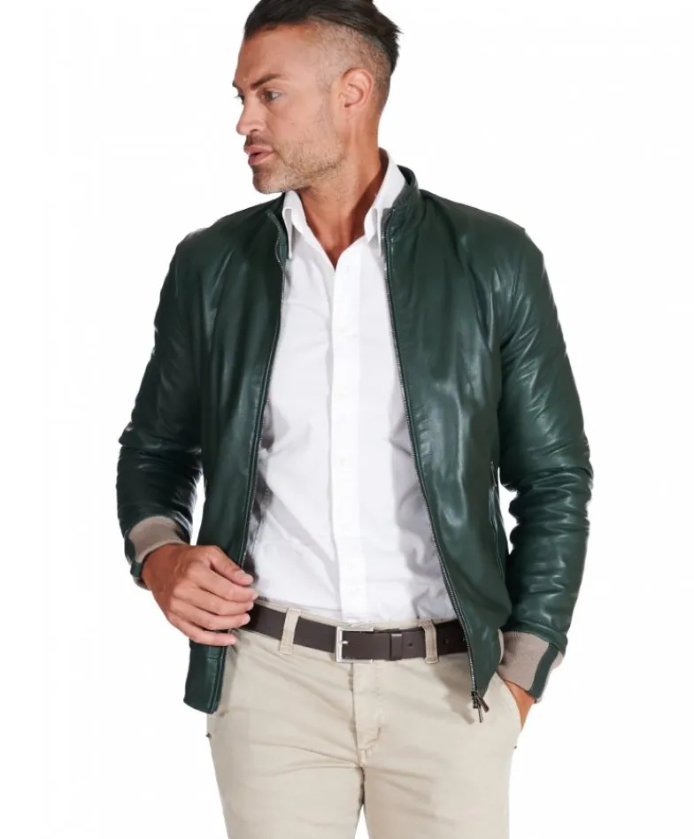 Uomo D'Arienzo 106 - Giubbotto bomber in pelle naturale verde lana a contrasto beige