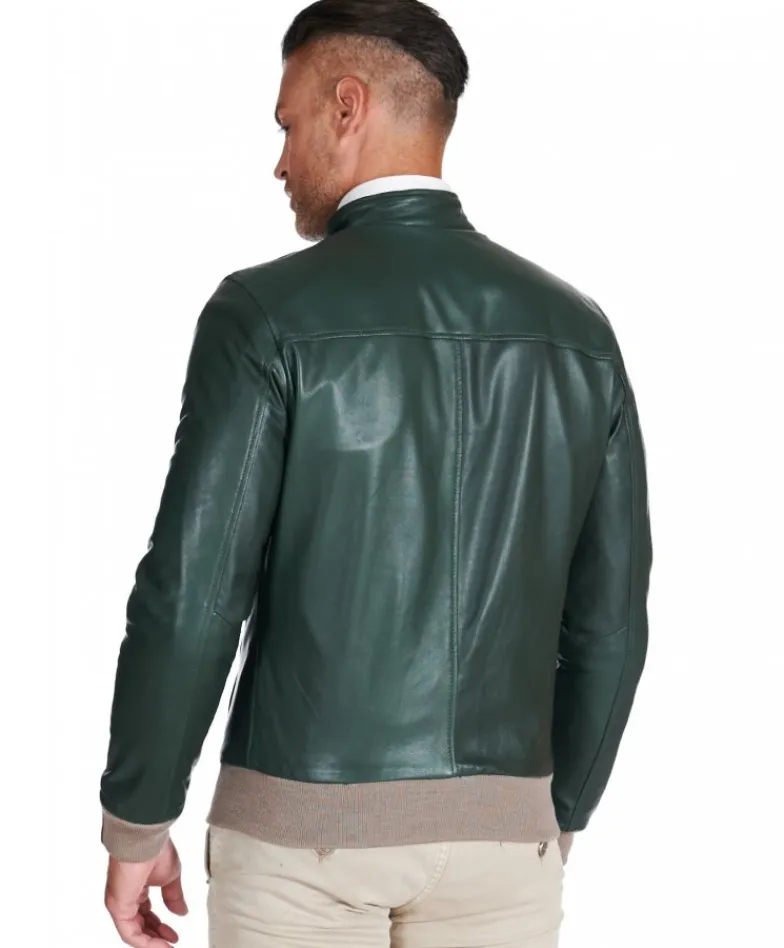 Uomo D'Arienzo 106 - Giubbotto bomber in pelle naturale verde lana a contrasto beige