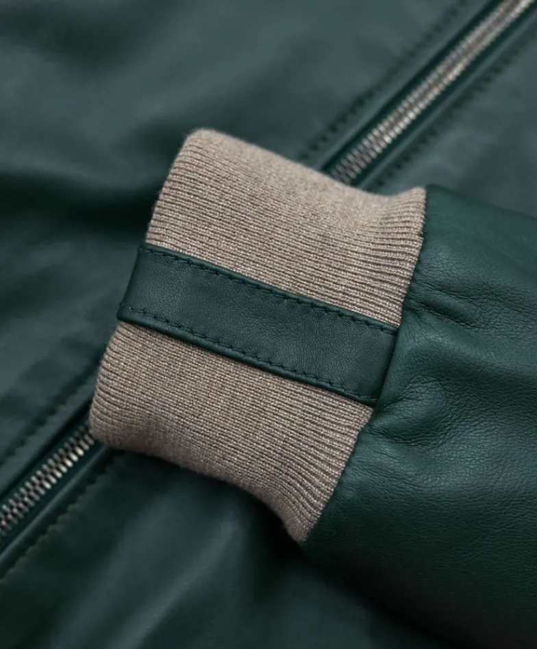 Uomo D'Arienzo 106 - Giubbotto bomber in pelle naturale verde lana a contrasto beige