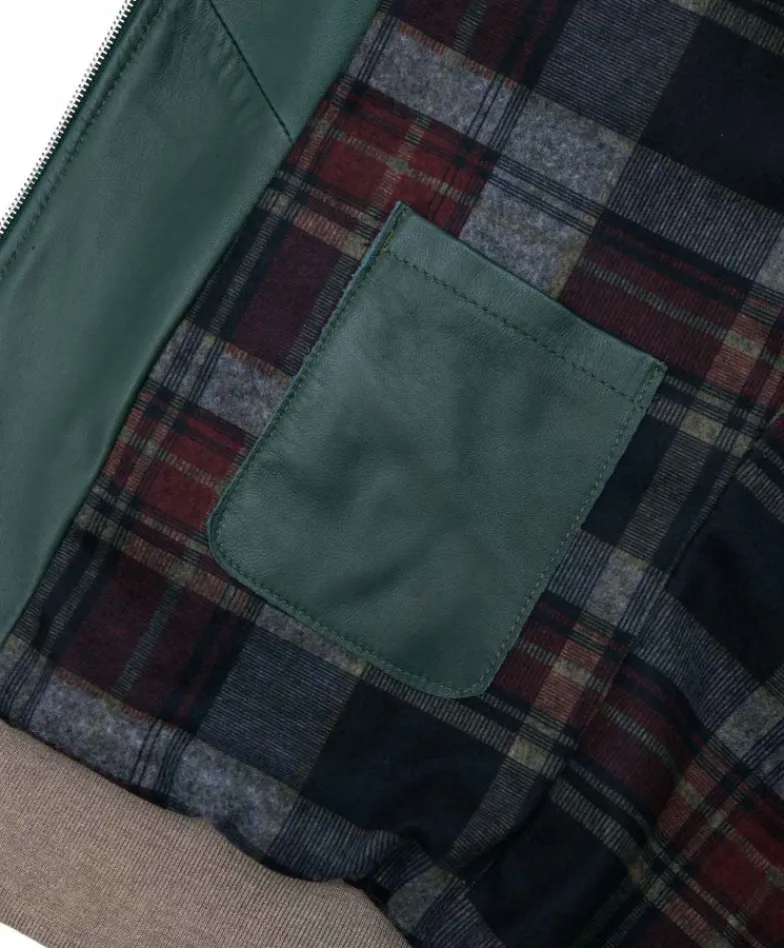 Uomo D'Arienzo 106 - Giubbotto bomber in pelle naturale verde lana a contrasto beige