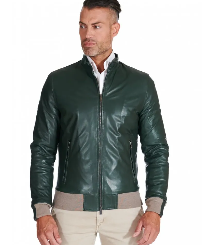 Uomo D'Arienzo 106 - Giubbotto bomber in pelle naturale verde lana a contrasto beige