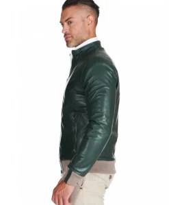 Uomo D'Arienzo 106 - Giubbotto bomber in pelle naturale verde lana a contrasto beige