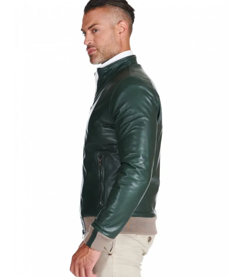 Uomo D'Arienzo 106 - Giubbotto bomber in pelle naturale verde lana a contrasto beige