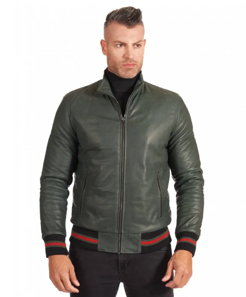 Uomo D'Arienzo 106 - Giubbotto Bomber in pelle naturale verde effetto vintage