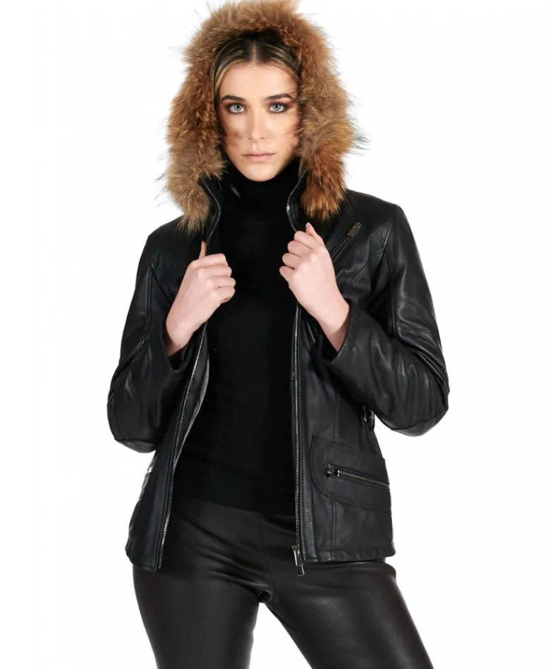 Donna D'Arienzo 627 - Parka in pelle nera con cappuccio in pelliccia effetto liscio