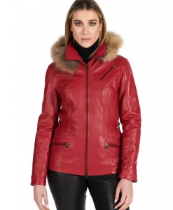 Donna D'Arienzo 627 - Parka in pelle rossa con cappuccio in pelliccia effetto liscio