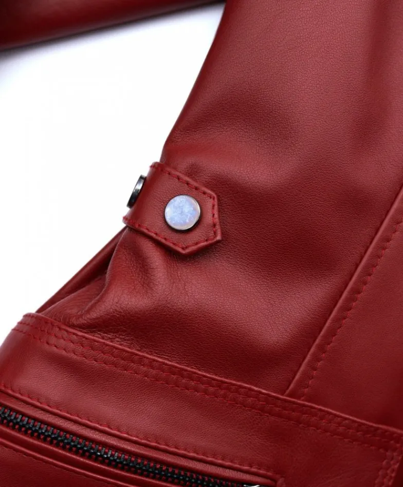 Donna D'Arienzo 627 - Parka in pelle rossa con cappuccio in pelliccia effetto liscio